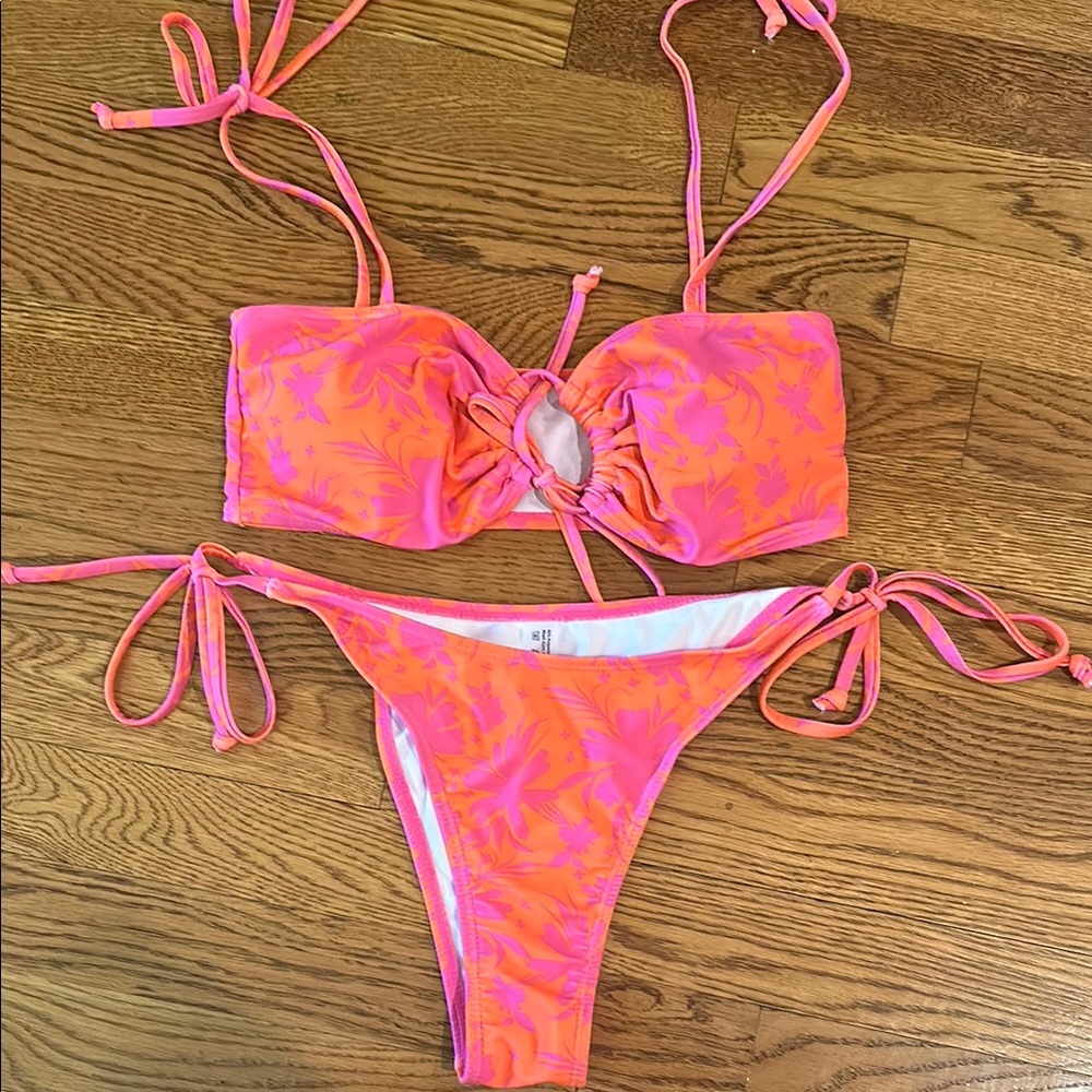 SHEIN Neon Pink & Orange Floral Tie Bikini Set NWOT